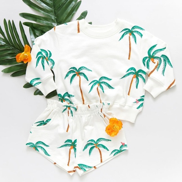 Pink Chicken Girls Organic cotton Sweatshirt crewneck Cream Palm Trees print - Picture 1 of 7